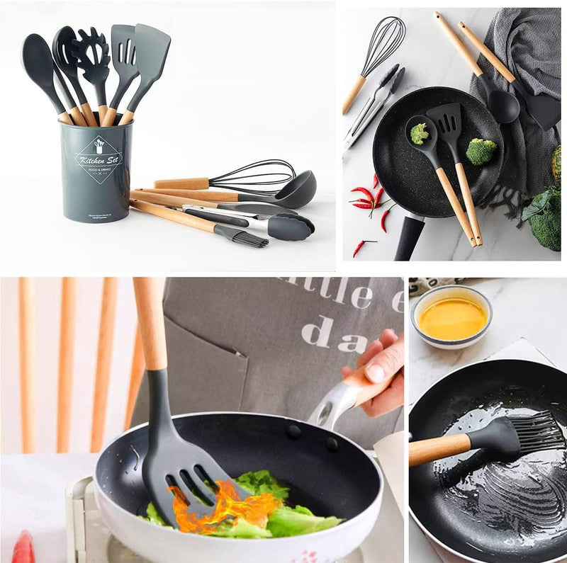 Kit 12 Peças Utensílios De Silicone e Bambo - tanamao