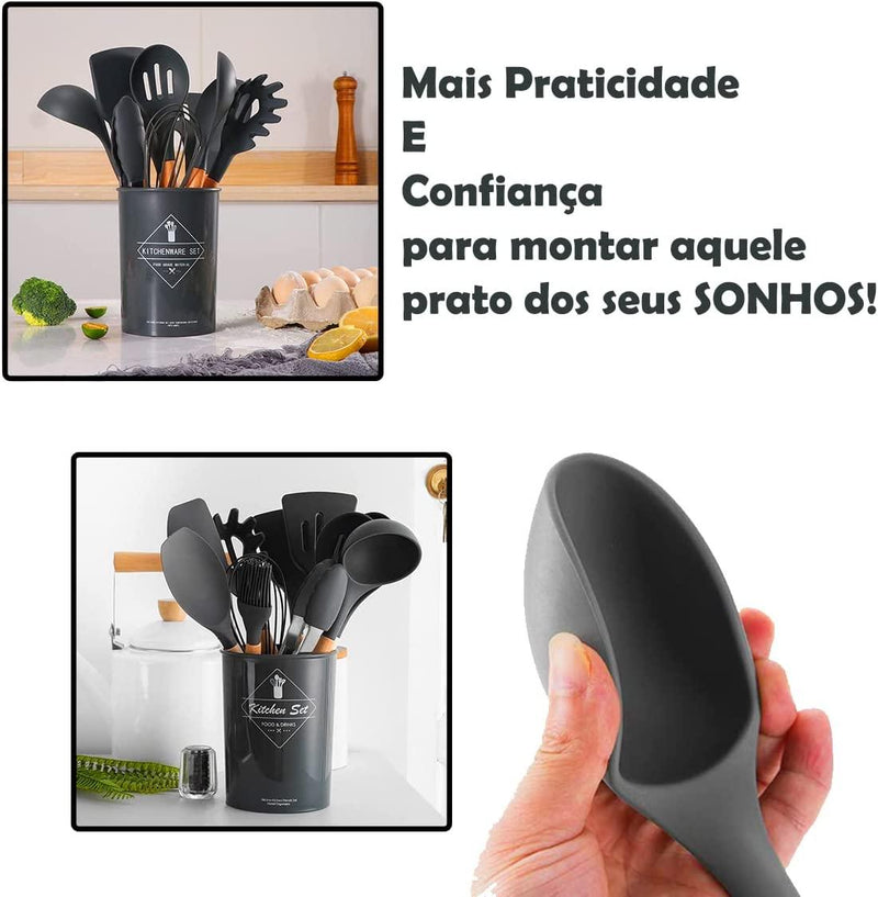 Kit 12 Peças Utensílios De Silicone e Bambo - tanamao