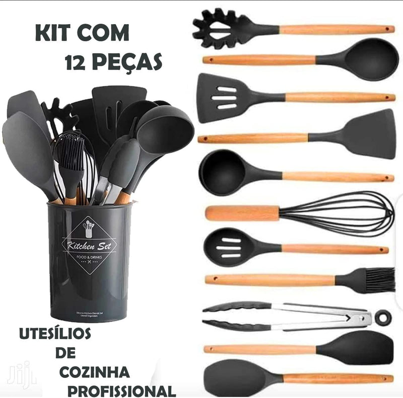 Kit 12 Peças Utensílios De Silicone e Bambo - tanamao