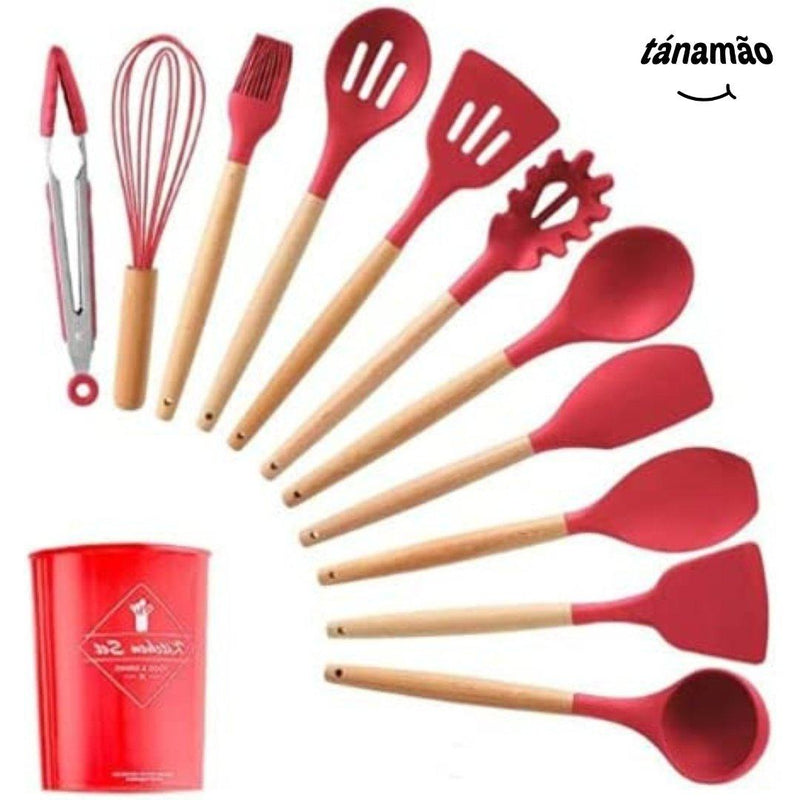 Kit 12 Peças Utensílios De Silicone e Bambo - tanamao