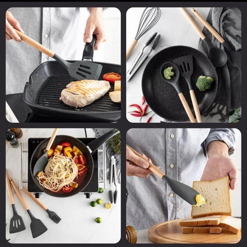 Kit 12 Peças Utensílios De Silicone e Bambo - tanamao